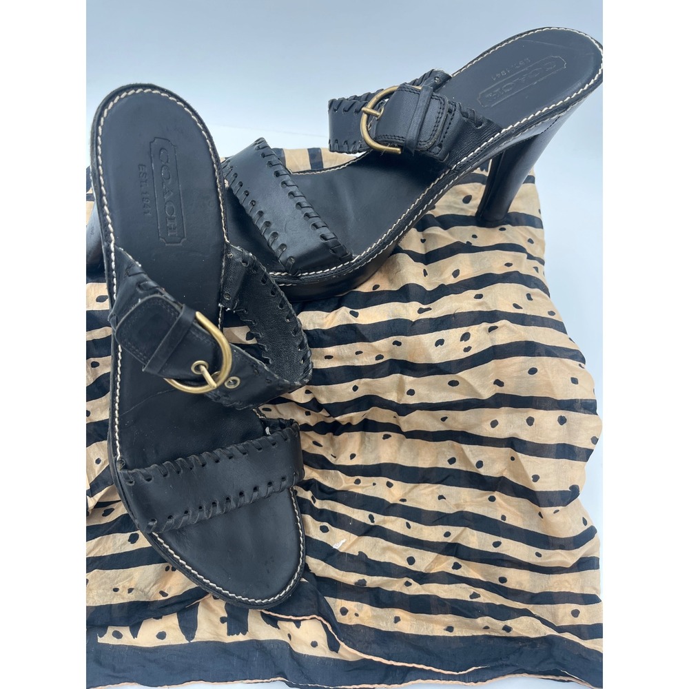 Coach Kendra Black Leather Whipstitch Buckle Platform Slide Sandals Heels 10B
